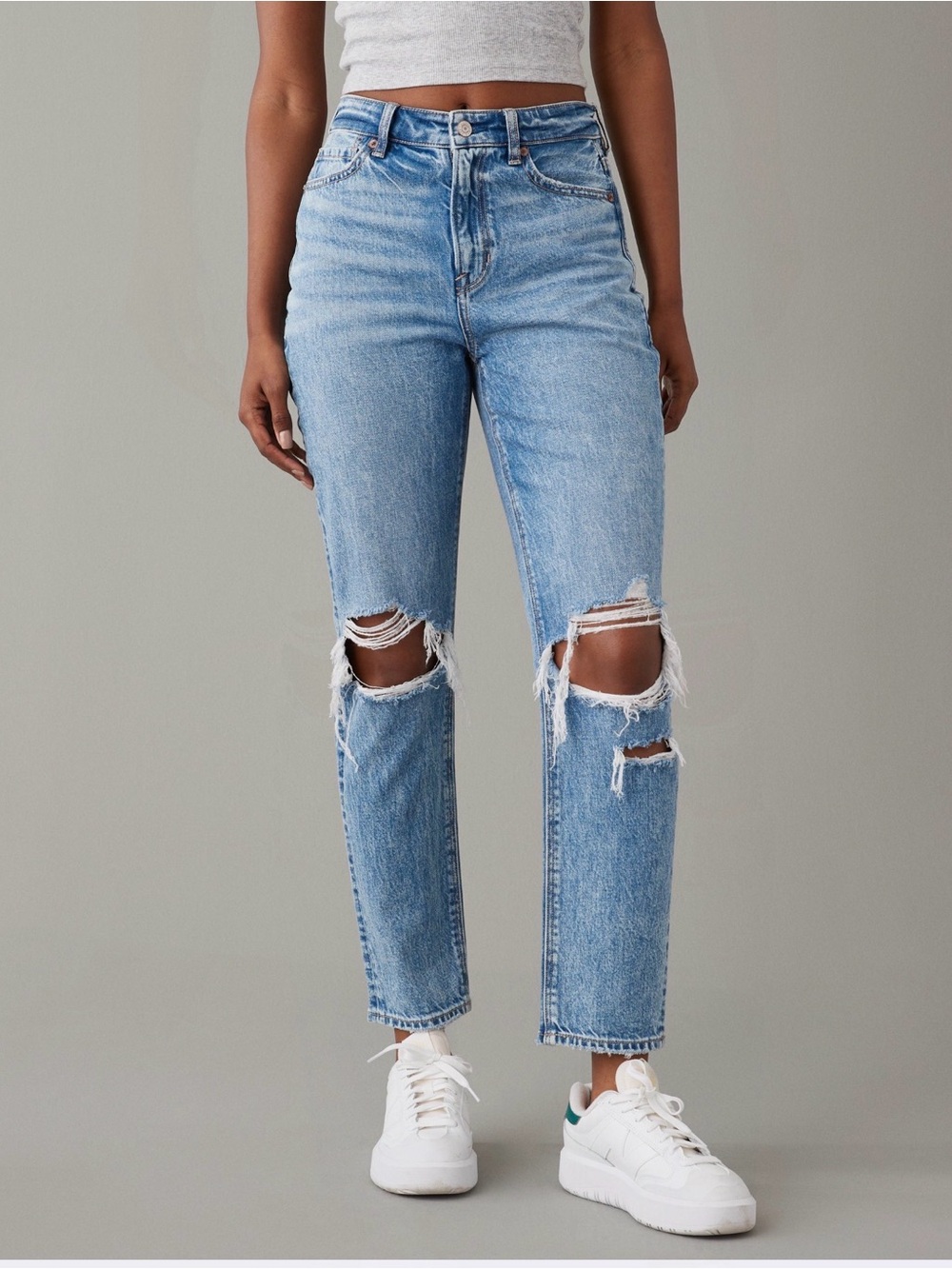 American Eagle Strigid High-Rise Distressed Light Blue Mom Jeans